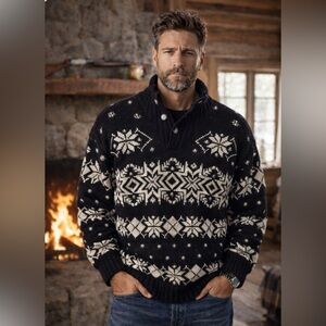 Ralph Lauren Sweater, Hand Knit, Wool, Linen Snowflake, Winter, black and Cream